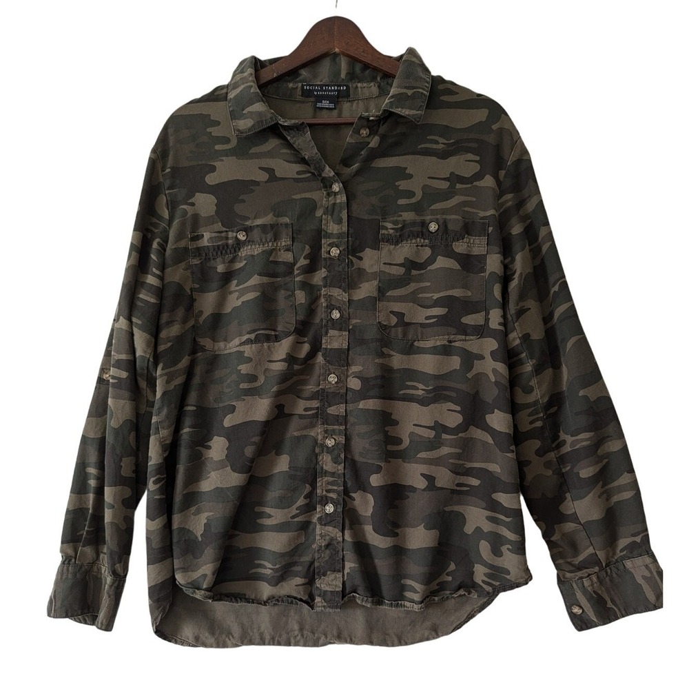 Social Standards By Sanctuary Womens Green Camo long Sleeve Shirt Size S‎ Tencel - Picture 2 of 7